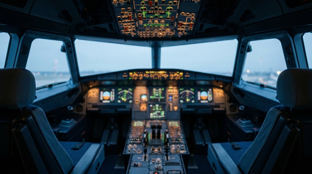 Jet cockpit at dusk with glowing instrument panels
