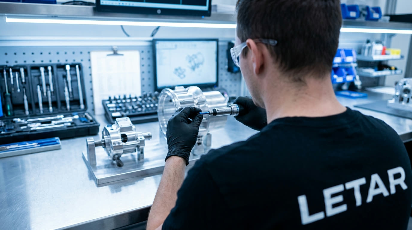 Letar technician assembling a precision machined component at the bench
