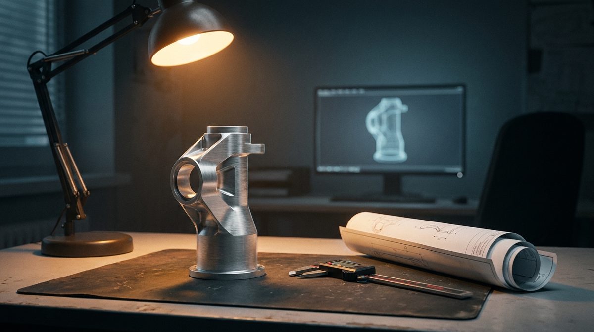 Machined part with calipers beside an abstract CAD screen