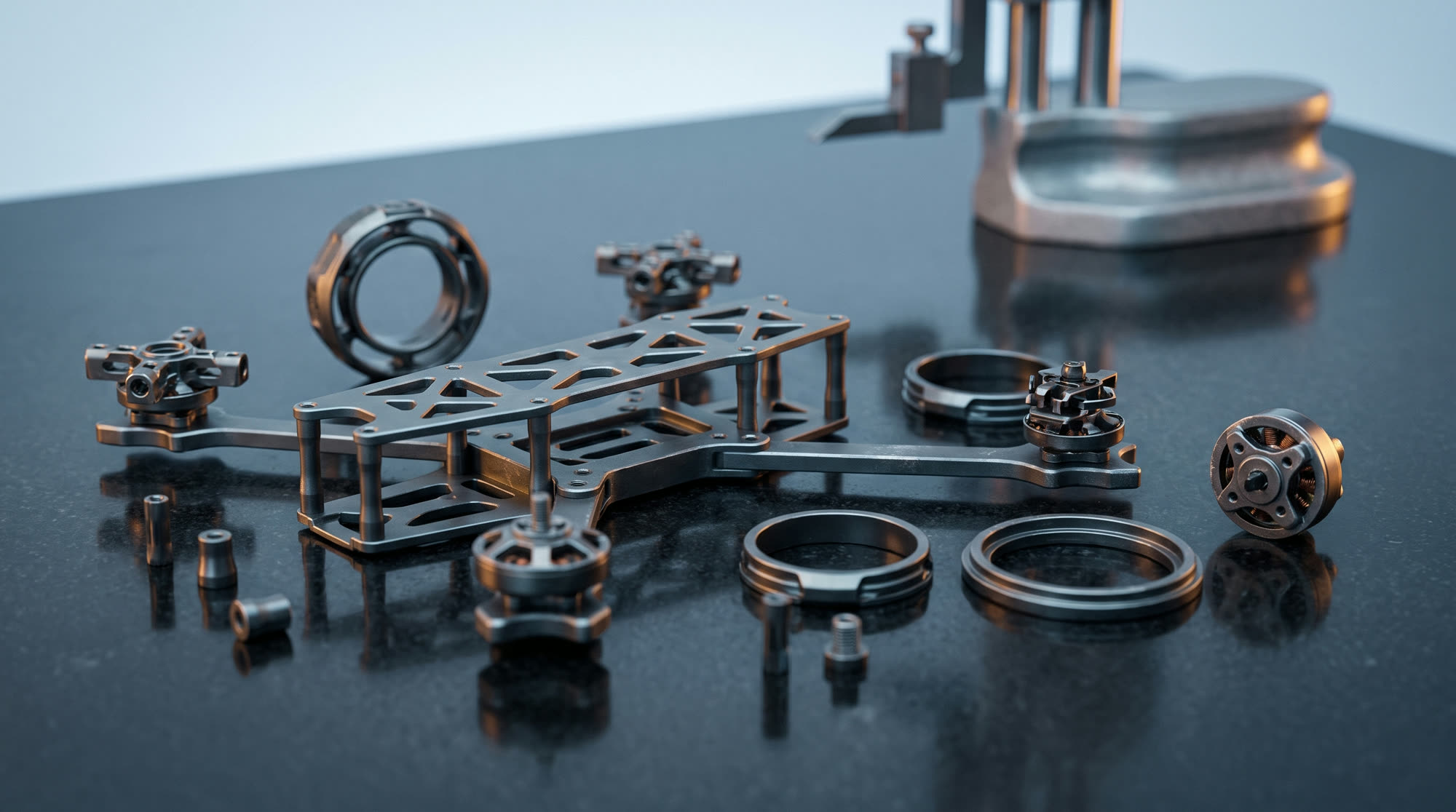 Precision-machined drone and robotics components on a granite inspection table