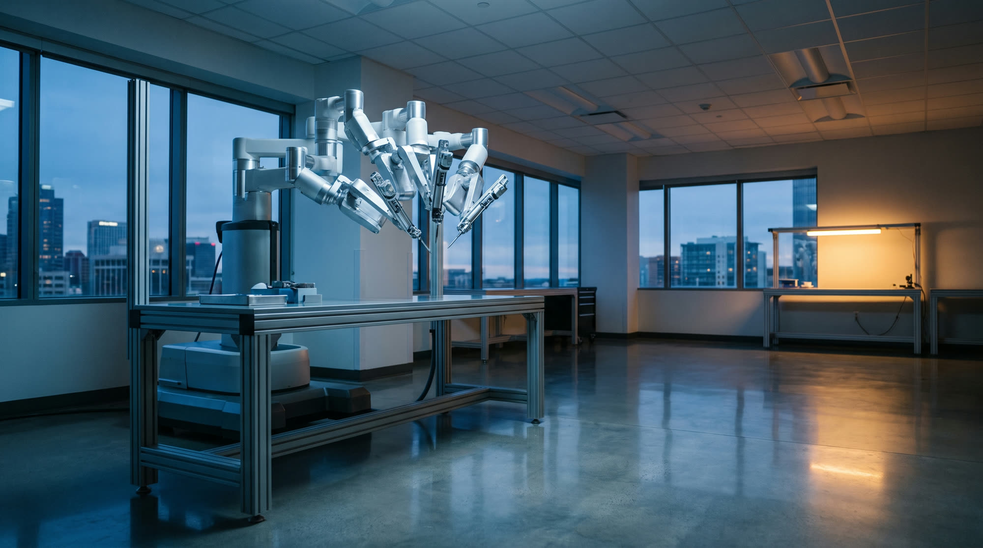 Surgical robotics arm in a medical laboratory at dusk