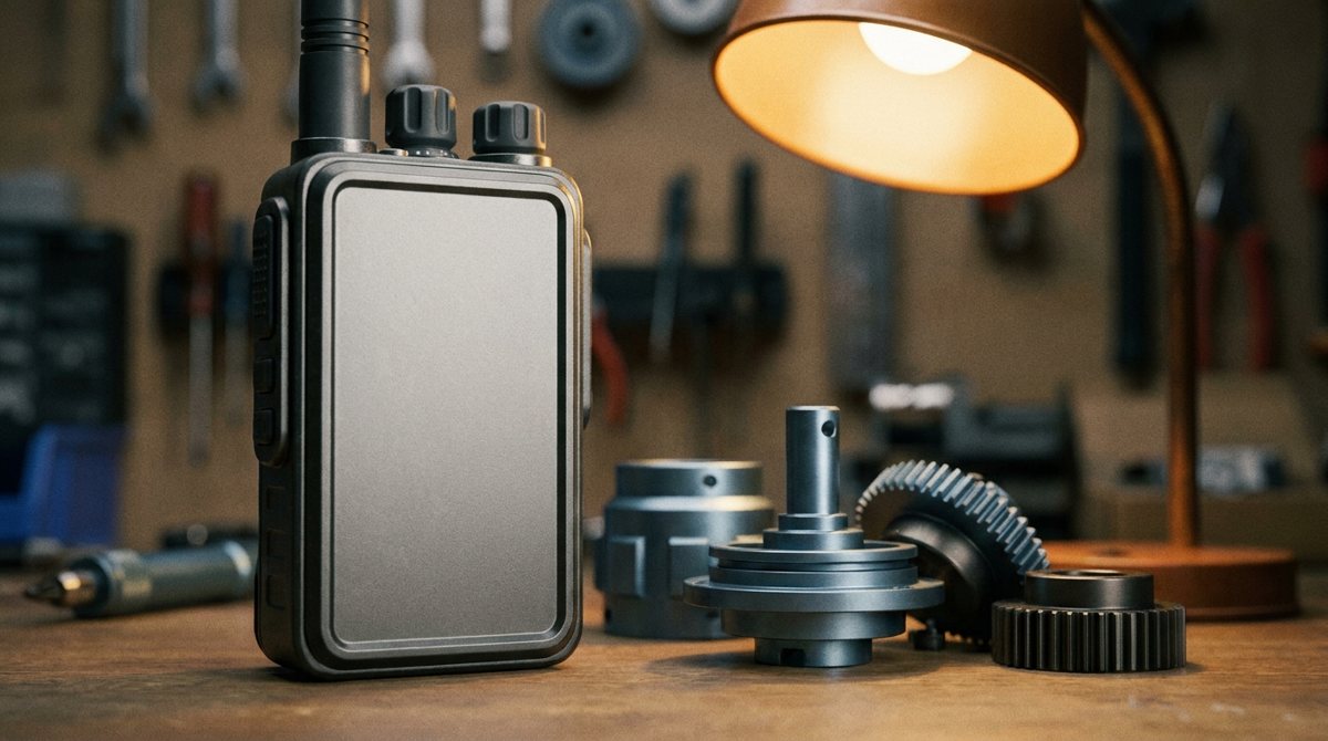 Rugged handheld communication device beside machined housings
